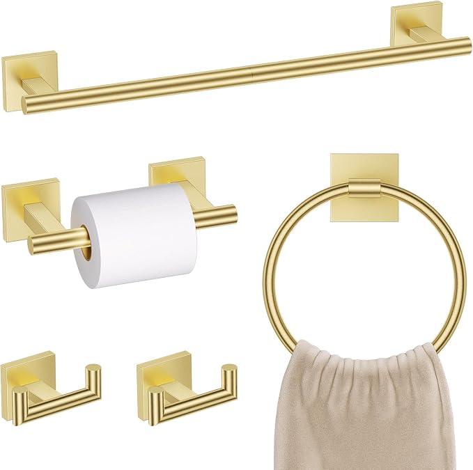 Brushed Gold Towel Bar Set, 5 Pieces Double Dase Toilet Paper Holder Bathroom Hardware Set, 23.6 Inch Stainless Steel Towel Racks for Bathroom Wall Mounted - ModernBath