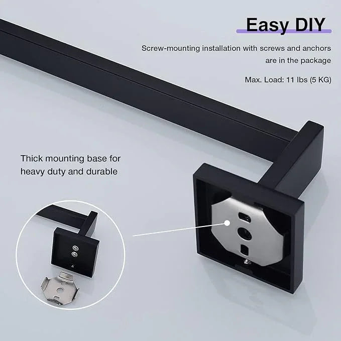 TRUSTMI Black Bathroom Hardware Set Contemporary 5-Pieces Wall Mounted Towel Bar Set, Stainless Steel Square Shaped Bathroom Hardware Accessories, Matte Black - ModernBath