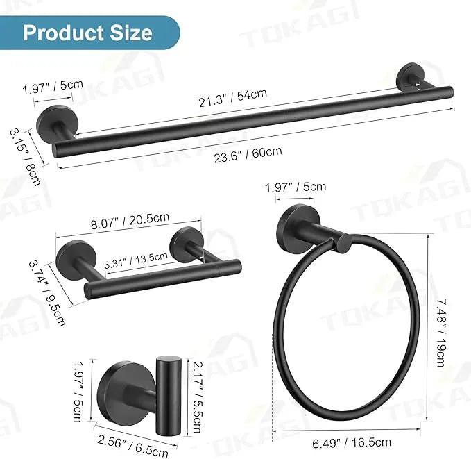 TQKAG 8-Pieces Bathroom Hardware Set Matte Black SUS304 Stainless Steel Bath Towel Bar Set 23.6 Inch Round Bathroom Accessories Kit Wall Mounted - ModernBath