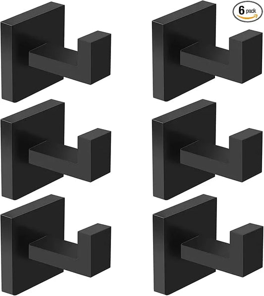 IBosins 6-Pack Bathroom Towel Hooks Hand Towel Holder Heavy Duty Stainless Steel Towel Hanger Robe Hat Coat Hooks for Wall of Livingroom Bedroom Kitchen Closet (Square Matte Black) - ModernBath