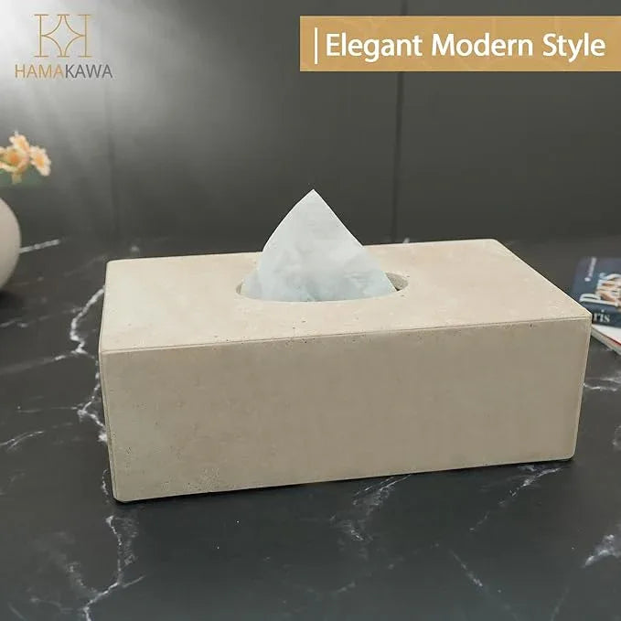 HAMAKAWA Natural Marble Tissue Box Cover, Beige Tissue Organizer L 10 x W 5.5 x H 3.5 Inch, Heavy Stone Decorative Box, Square Tissue Box Holder for Home Decor, Kitchen, Bathroom - ModernBath