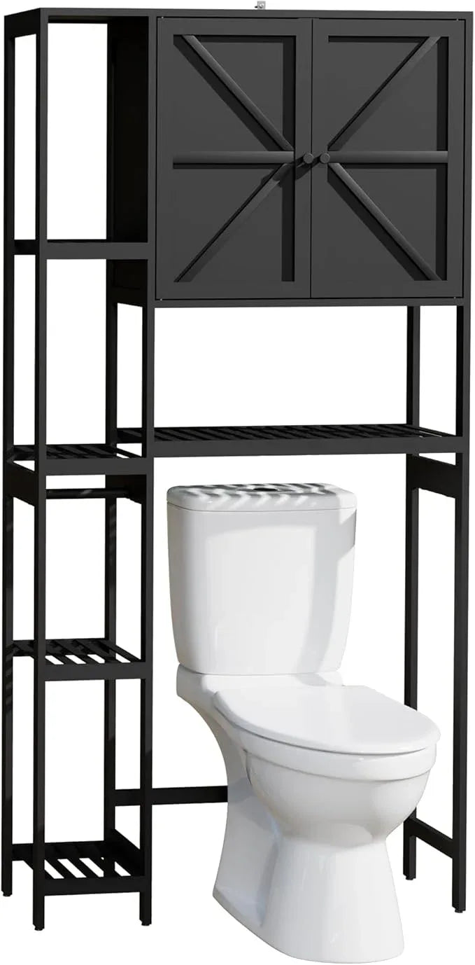 Bamboo Over The Toilet Storage, Above Toilet Organizer Storage Shelf Stand, Tall Freestanding Behind Toilet Rack, Tiered Bathroom Space Saver Shelving, Easy Assembly (Black) - ModernBath