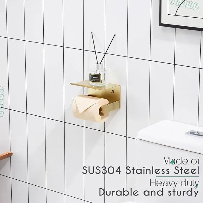 KOKOSIRI Roll Paper Holder Spring Loaded Tissue Paper Holder Bathroom Toilet Roll Holder with Shelf Wall Mounted Stainless Steel Brushed Gold B2012BG - ModernBath