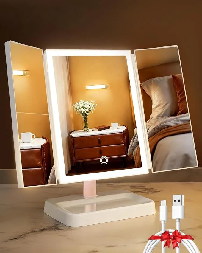 CALEPOP Vanity Mirror with Lights, Makeup Mirror 1X, 2X, 3X Magnification, Trifold 9" L x 14" W, Large Vanity Desk Mirror，Valentine‘s Gift for Wife, Mom, Her - Gift for Girlfriend, Women & Teens - ModernBath