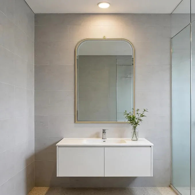 POZINO Brushed Gold Beveled Mirror, 24"x38" Arched Vanity Mirror Over Sink, Rounded Rectangle Mirrors with Stainless Steel Frame, Brass Oblong Mirrors for Bathroom Bedroom Living Room Entryway - ModernBath