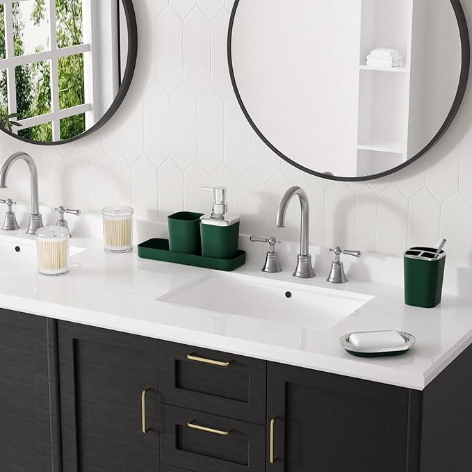 XLHOMO Dark Green Bathroom Accessories Set, Green Bathroom Set with Trash Can, Toothbrush Holder, Toothbrush Cup, Soap Dispenser, Soap Dish, Toilet Brush Holder, 2 Qtip Holder Dispensers and Tray - ModernBath