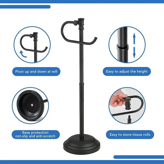 RUMOSE Toilet Paper Holder Stand for Floor,Matte Black Adjustable (12.4" to 22.8") Bathroom Toilet Tissue Holder, Free Standing Toilet Paper Roll Holder with Storage, Stainless Steel - ModernBath