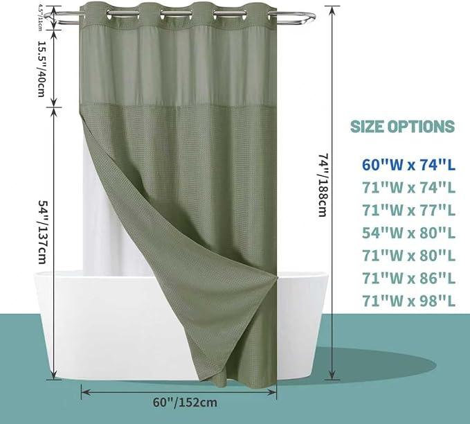 eachope SageGreen No Hook Waffle Weave Shower Curtain with snap-in Liner Replacement, 230GSM Waterproof Fabric Hotel Shower Curtain Set for Bathroom, Through Mesh Top Window,60Wx74H - ModernBath