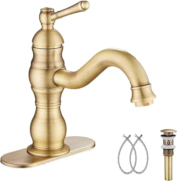 Antique Brass Bathroom Faucet GGStudy 360° Swivel Bathroom Vanity Faucet Single Handle One Hole Basin Matching Pop Up Drain with Overflow - ModernBath