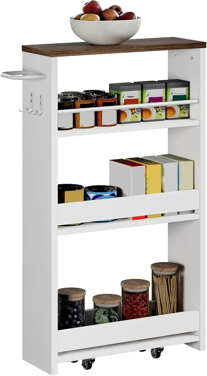ChooChoo 4-Tier Slim Storage Cart with Handle, 5.51" W Rolling Utility Cart on Universal Wheels, Kitchen Cart Mobile Shelving Organization for Laundry Room, Bathroom & Narrow Place (Walnut & White) - ModernBath