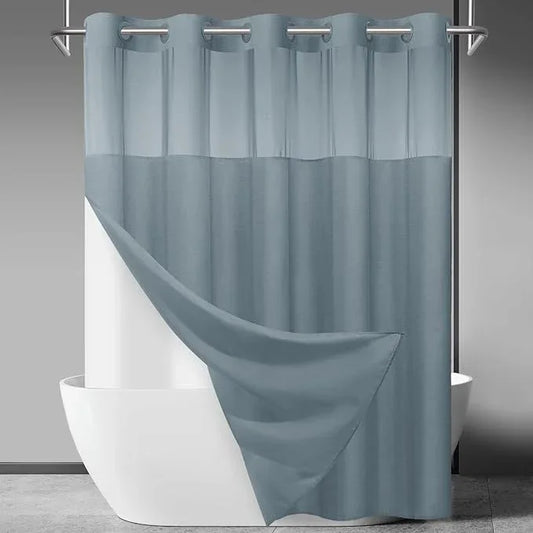 SORTTO No Hook Slub Textured Shower Curtain with Snap in Liner - Stone Blue Fabric Outer Curtain & Waterproof Inner Liner, Hotel Style with See Through Top Window, 71x74 in - ModernBath