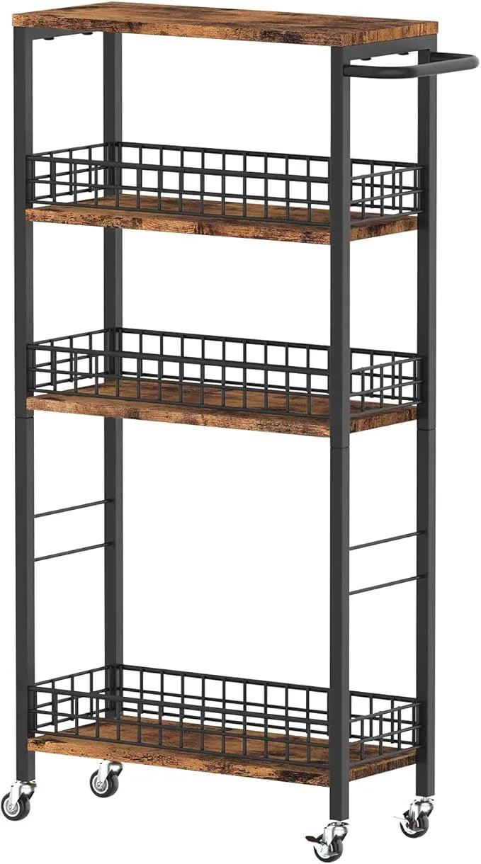 Slim Storage Cart Rolling Kitchen Cart with Wheels Narrow Laundry Storage Utility Cart 4 Tier Bathroom Mobile Shelving Unit Organizer with Wood Tabletop Trolly Cart with Handle for Small Spaces, Brown - ModernBath