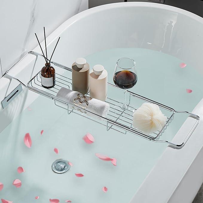 GIYDNEI Stainless Steel Bathtub Caddy Tray, Expandable Bath Tub Table, Adjustable Bathroom Tray, Bath Organizer Tub Shelf,Silver,26.8~35.4in - ModernBath