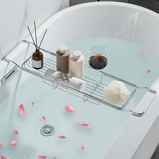 GIYDNEI Stainless Steel Bathtub Caddy Tray, Expandable Bath Tub Table, Adjustable Bathroom Tray, Bath Organizer Tub Shelf,Silver,26.8~35.4in - ModernBath