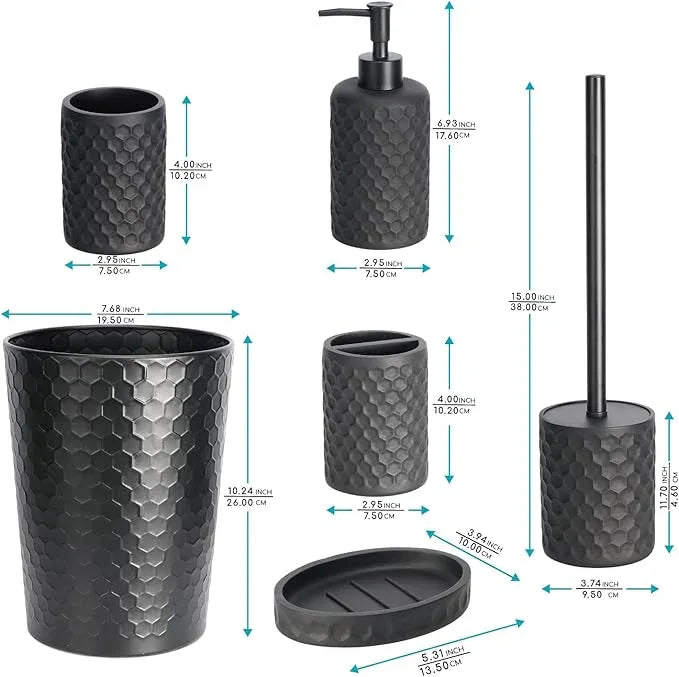 zccz Bathroom Accessory Set - 6 Pcs Black Bathroom Accessories Set with Trash Can, Toothbrush Holder, Toothbrush Cup, Soap Dispenser, Soap Dish, Toilet Brush with Holder - Accessoire Salle de Bain - ModernBath