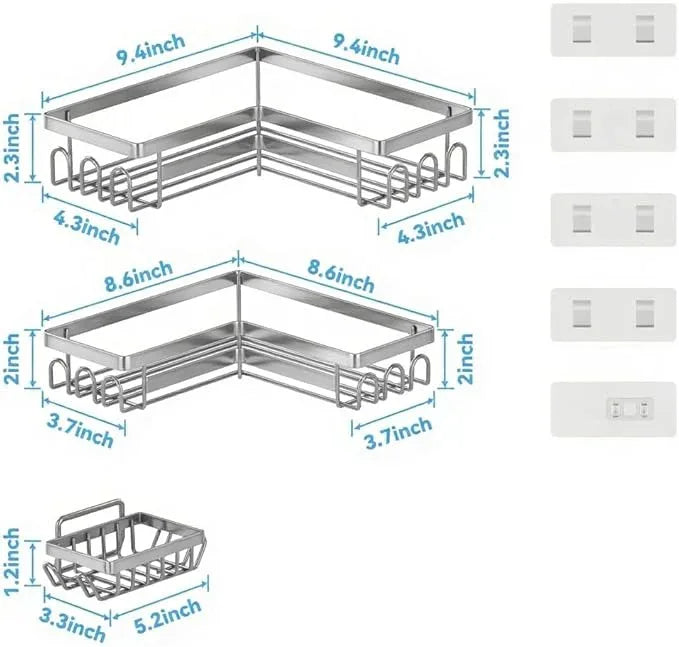 3 Pack Adhesive Corner Shower Caddy Shelf Organizer Rack, No Drilling Stainless Steel Shower Storage Rack with Hooks for Bathroom Storage & Home Decor - ModernBath