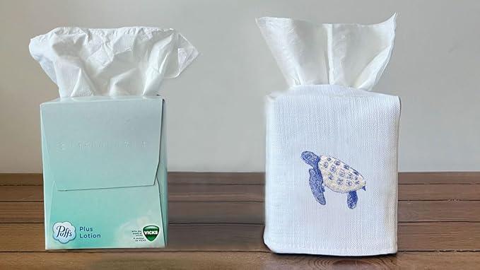 Jacaranda Living Square Tissue Box Cover, Linen/Cotton Fabric Tissue Holder, Decorative Cloth Tissue Cube Cover, Coastal Designs Sea Turtle (Blue) - ModernBath