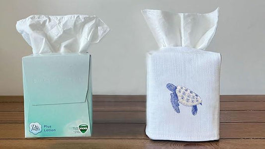 Jacaranda Living Square Tissue Box Cover, Linen/Cotton Fabric Tissue Holder, Decorative Cloth Tissue Cube Cover, Coastal Designs Sea Turtle (Blue) - ModernBath