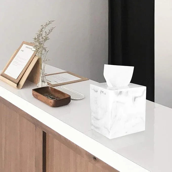 Luxspire Resin Paper Tissue Box Cover Holder, Square Facial Tissue Case, Pumping Paper Roll Toilet Paper Holder Napkin Dispenser for Office Bedroom Car Bathroom Vanity Accessories Decor, Marble White - ModernBath