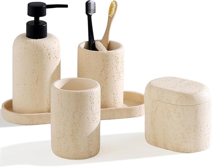 WUUAHOME Bathroom Accessories Set, Travertine Stone-Look, 5 PCS Bathroom Accessory Set with 13.53 OZ Soap Dispenser, Toothbrush Holder, Tumbler, Vanity Tray, Cotton Swab Jars for Countertop (Yellow) - ModernBath