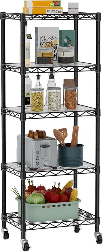 Small 5 Tier Shelves Storage Wire Shelving Unit Metal Shelf Adjustable Organizers Storage Shelving with Wheels for Bathroom Laundry Room Kitchen Pantry12”D x 18”W x 57.2”H Black - ModernBath
