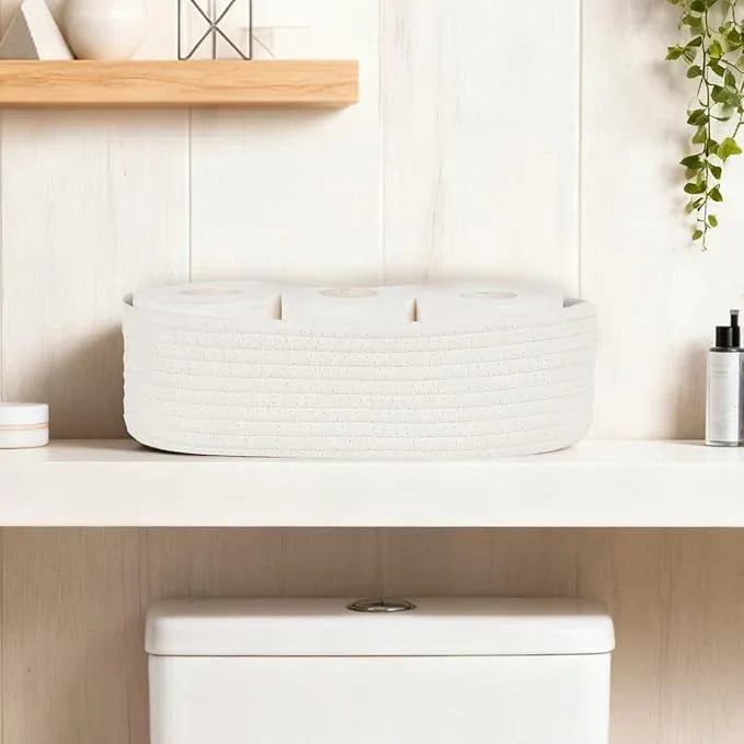 Temary Bathroom Organizer Bin, Toilet Paper Rope Baskets with Handles, Set of 2 Small Foldable Storage Bin for Toilet Tank Top Boho, Narrow Rectangle Baskets for Organizing (White, 13x5.9x3.9) - ModernBath