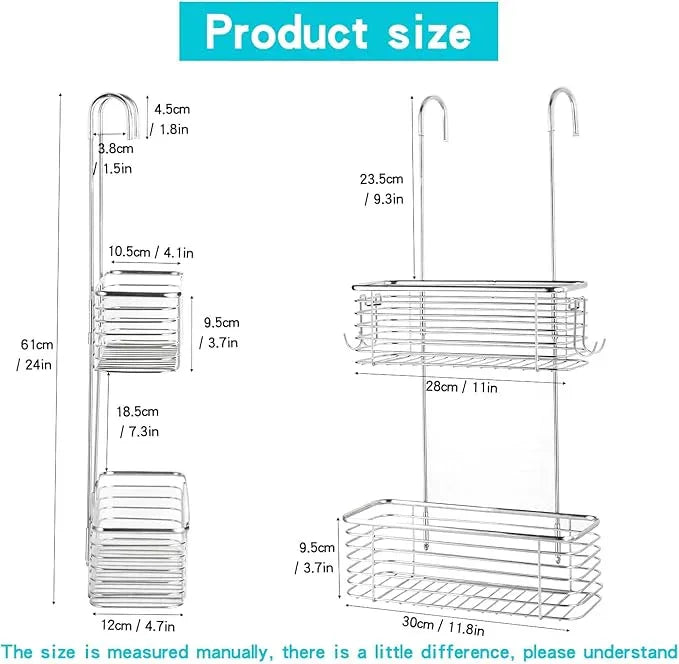 YQh Stainless steel double-layer shower rack, shower room hanging bathroom organizer, storage rack installed on the hanging bar or door, can store shampoo, hair conditioner, shower gel (double) - ModernBath
