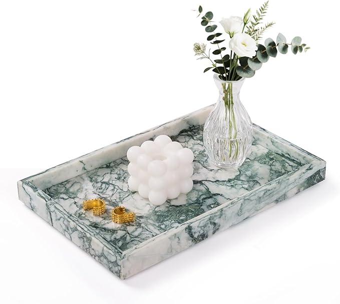 Homaura Marble Bathroom Tray for Countertop & Home Decor, Natural Decorative Marble Tray for Jewelry & Perfume Organizer, Luxury Stone Vanity Trays for Dresser, Kitchen Counter, 12" x 8", Jade Green - ModernBath