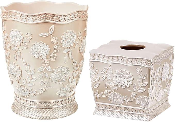 Zahari Home 2pc Rose Vine Bathroom Set Waste Basket & Tissue Cover Modern Classic Decor Stylish Unique Design Beautiful Beige Bathroom Accessories Set - ModernBath