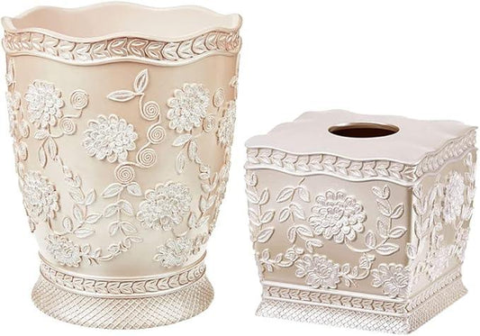 Zahari Home 2pc Rose Vine Bathroom Set Waste Basket & Tissue Cover Modern Classic Decor Stylish Unique Design Beautiful Beige Bathroom Accessories Set - ModernBath