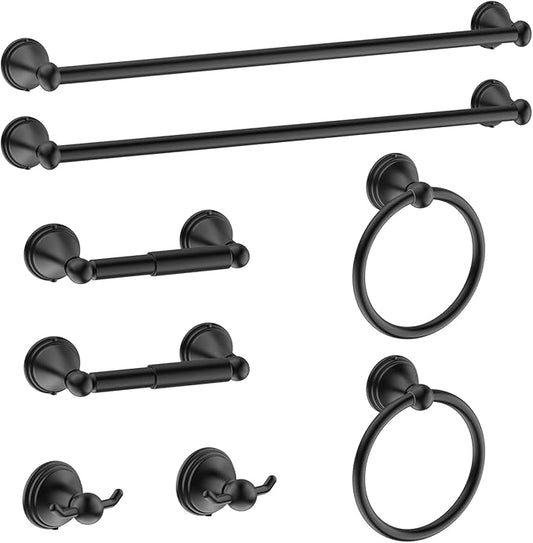 Newfun 8-Pieces Matte Black Bathroom Accessories Set Towel Racks for Bathroom - Bathroom Hardware Set, 2 * 24 Inch Towel Bar for Bathroom 2*Toilet Paper Holder 2* Towel Ring Towel Holders 2* Hook