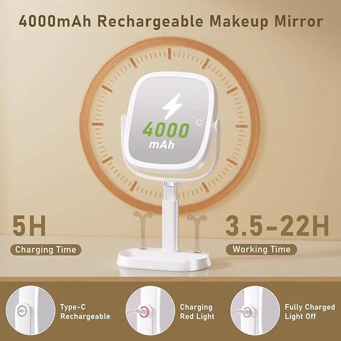 FRANO Vanity Mirror with Lights, Rectangular Lighted Makeup Mirror with 3 Color Lights, 1X/10X Magnification, Adjustable Height, 360° Rotation, 4000mAh Rechargeable for Desk, Gifts for Women - ModernBath