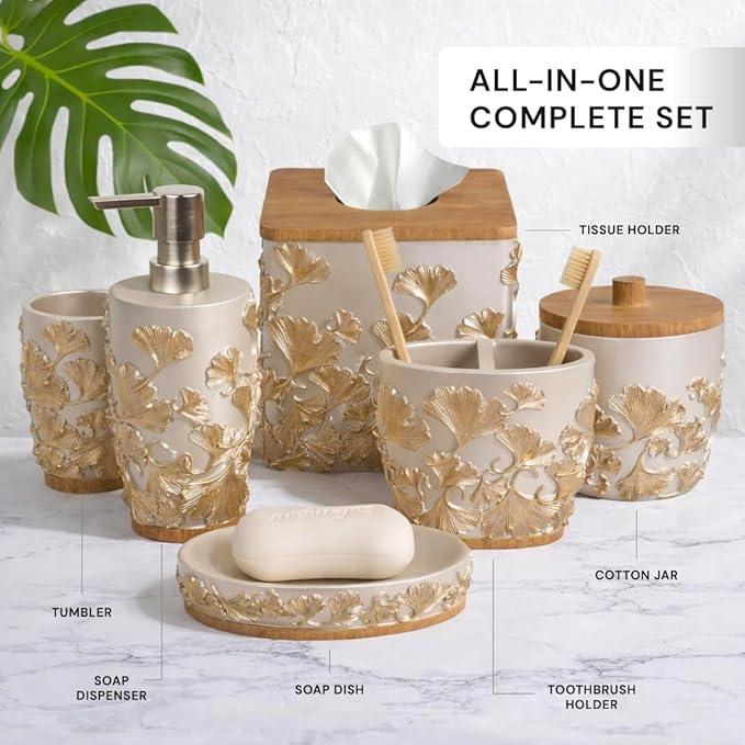 Decozen Bathroom Accessories Set 6Pcs – Soap Dispenser, Toothbrush Holder, Tumbler, Soap Dish & Cotton Swab Jar – Modern Bathroom Decor, Bath Set for Christmas Decor, Valencia - ModernBath