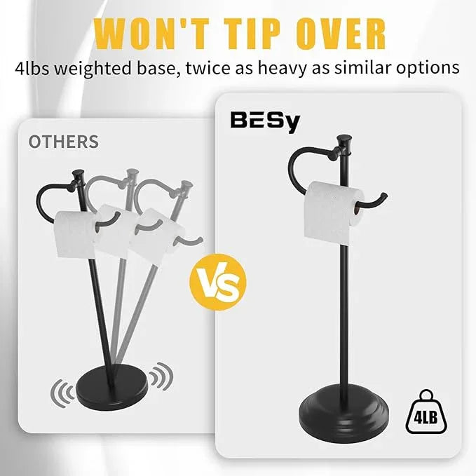 BESy Toilet Paper Holder Free Standing Bathroom Toilet Tissue Holder Stand for Floor Toilet Paper Roll Holder with Storage Hardware Accessories Rack Hand Towel Bar Matte Black Stainless Steel - ModernBath