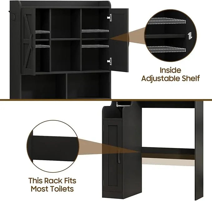 Over The Toilet Storage Cabinet, Bathroom Over Toilet Storage Organizer with Barn Doors and Paper Holder Stand Farmhouse Space Saving Rack Cabinet with Adjustable Shelves for Bathroom, Laundry (Black) - ModernBath