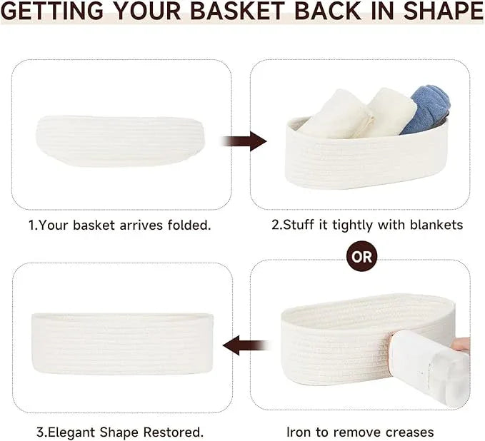 Temary Bathroom Organizer Bin, Toilet Paper Rope Baskets with Handles, Set of 2 Small Foldable Storage Bin for Toilet Tank Top Boho, Narrow Rectangle Baskets for Organizing (White, 13x5.9x3.9) - ModernBath