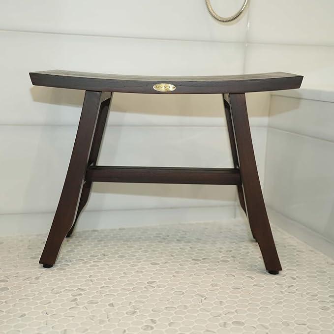 DecoTeak Satori Teak Shower Bench – 24" Compact Teak Bath Seat, Brown Finish, for Adults & Seniors | Water-Resistant Spa Stool with Slatted Seat & Adjustable Feet - ModernBath