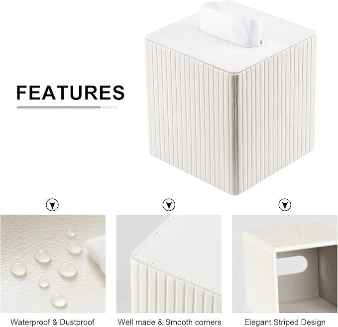 KINGFOM Square Pu Leather Tissue Box Cover, Modern Facial Tissue Holder, Roll Tissues Paper Case Dispenser for Bathroom Vanity Countertop, Night Stands, Office Desk (Off-White Strips) - ModernBath