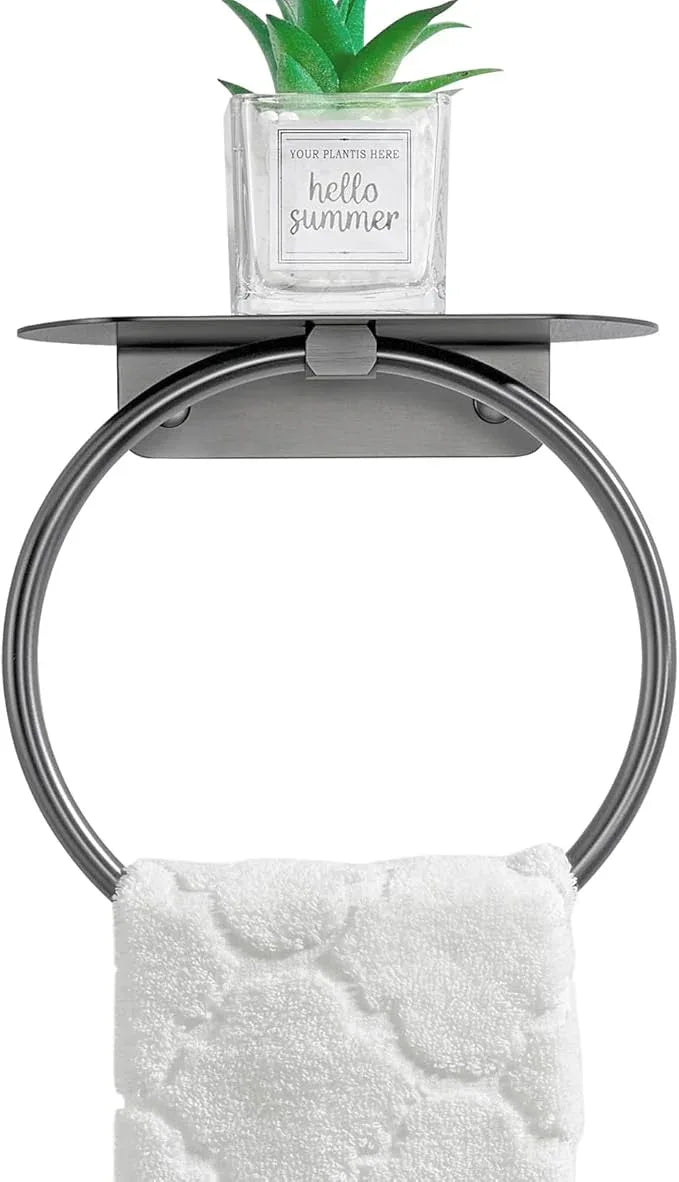 APLusee Gunmetal Gray Towel Ring with Shelf, 304 Stainless Steel Bathroom Towel Holder, Wall Mounted Swivel Loop for Kitchen Shower, Rustproof & Easy to Install - ModernBath
