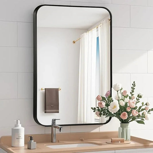 CLBA Black Bathroom Mirror, 22x30 Inch Matte Black Mirror, Aluminum Alloy Framed Vanity Mirror, Rounded Rectangle Mirror for Over Sink, Anti-Rust Wall Mirror (Horizontally or Vertically) - ModernBath
