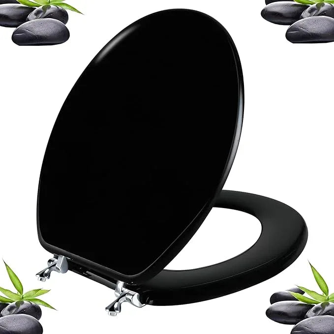 Black Round Toilet Seat Natural Wood Toilet Seat with Zinc Alloy Hinges, Easy to Install also Easy to Clean, Scratch Resistant Toilet Seat by Angol Shiold (Round, Black) - ModernBath