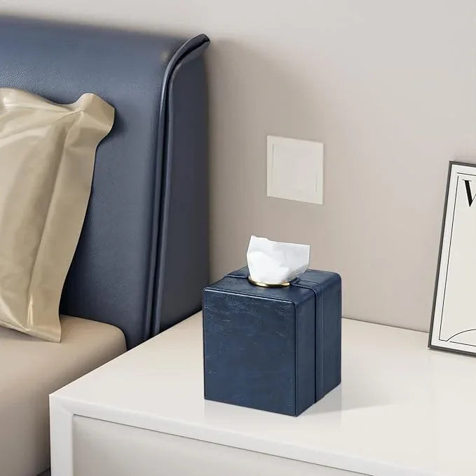 Cretkhp Luxury Square Tissue Box Cover, PU Leather Tissue Box Holder with Magnetic Closure and Gold Decorative Grommets for Bathroom Bedroom, Decorative Elegant Cube Tissue Holder (Blue) - ModernBath