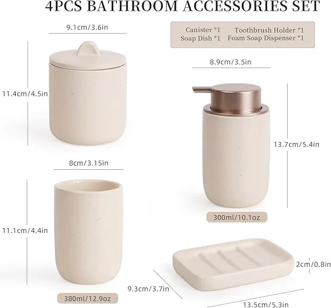 BosilunLife Apricot Bathroom Accessories Set - Ceramic Bathroom Accessories Sets Complete Foaming Soap Dispenser and Toothbrush Holder Set, Soap Dish, Qtip & Cotton Ball Holder Modern Bathroom Set - ModernBath