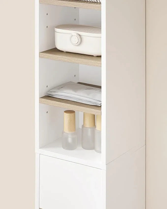 SoBuy Bathroom Narrow Storage Cabinet Skinny Tall Unit with Adjustable Shelves Slender Anti-Tipping Floor Standing Cupboard, White & Natural BZR34-WN - ModernBath