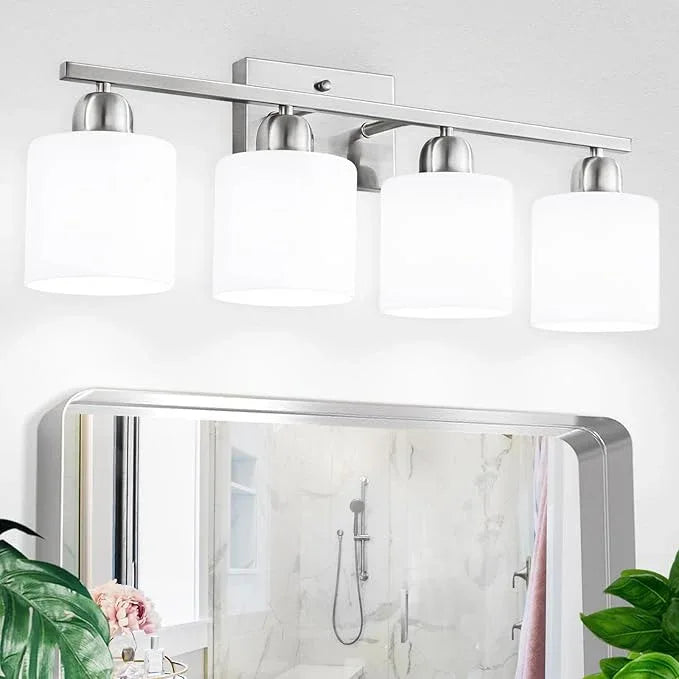 4 Light Bathroom Light Fixtures, Brushed Nickel Vanity Lights for Bathroom with Milky White Frosted Glass Shade, Wall Lights for Mirror Bedroom Living Room E26 Base - ModernBath