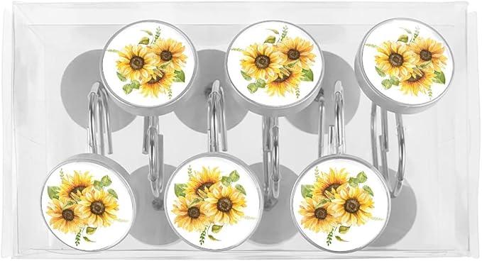 12 Pcs Decorative Shower Curtain Hooks, Rust Proof Glass Surface Stainless Steel Rings for Bathroom Bedroom Kitchen Home Bath Room Rods Decor (Watercolor Sunflowers Bouquet) - ModernBath