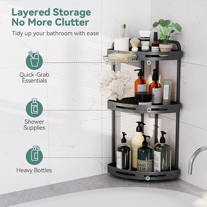 Corner Shower Caddy Standing, 3 Tier Shower Organizer Stand with Soap Holder, Rustproof Shower Shelves for Bathroom Storage, Grey - ModernBath