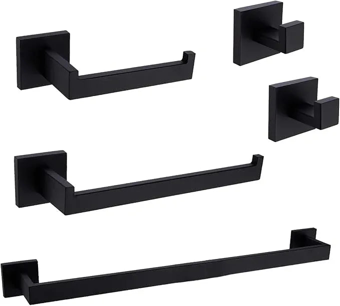 TRUSTMI Black Bathroom Hardware Set Contemporary 5-Pieces Wall Mounted Towel Bar Set, Stainless Steel Square Shaped Bathroom Hardware Accessories, Matte Black - ModernBath