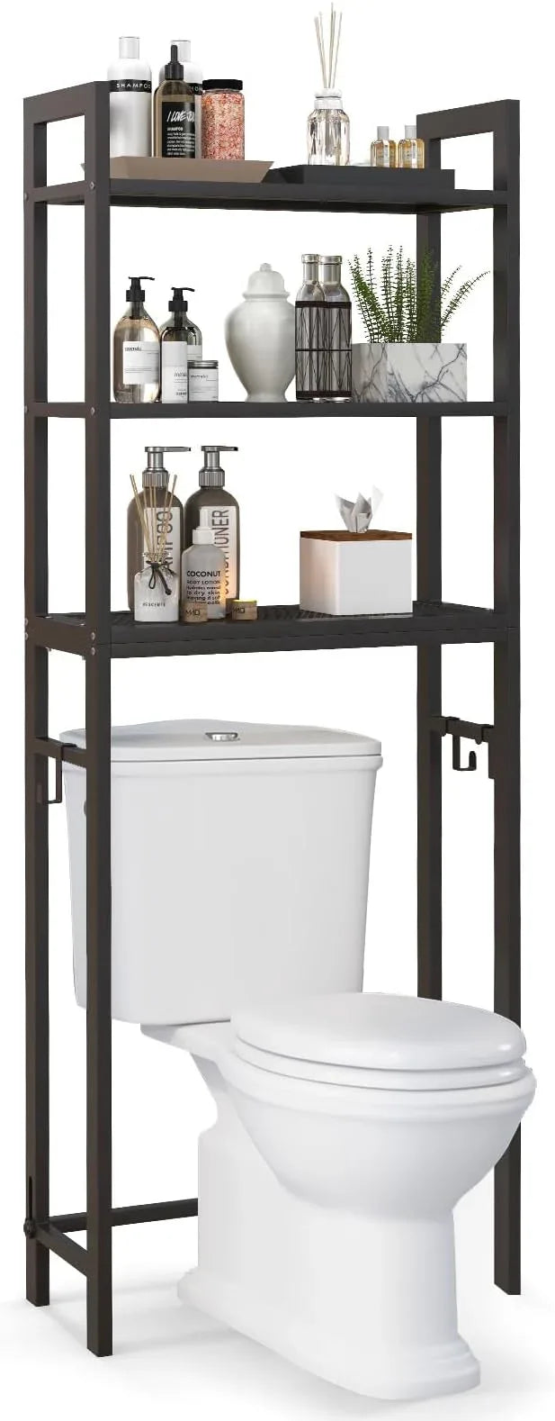 Giantex Over The Toilet Storage Rack, 3-Tier Metal Bathroom Organizer with 3 Hooks, Adjustable Bottom Bar, Anti-Tippling Devices, Freestanding Toilet Space-Saver for Bathroom, Laundry (Coffee) - ModernBath