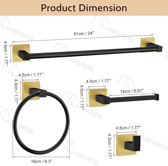 Lairuier 5-Piece Black Gold Bathroom Hardware Set, Bathroom Accessories Set with Towel Bar, Toilet Paper Holder and 2 Towel Hooks SUS304 Stainless Steel Towel Bar Set Wall Mounted - ModernBath